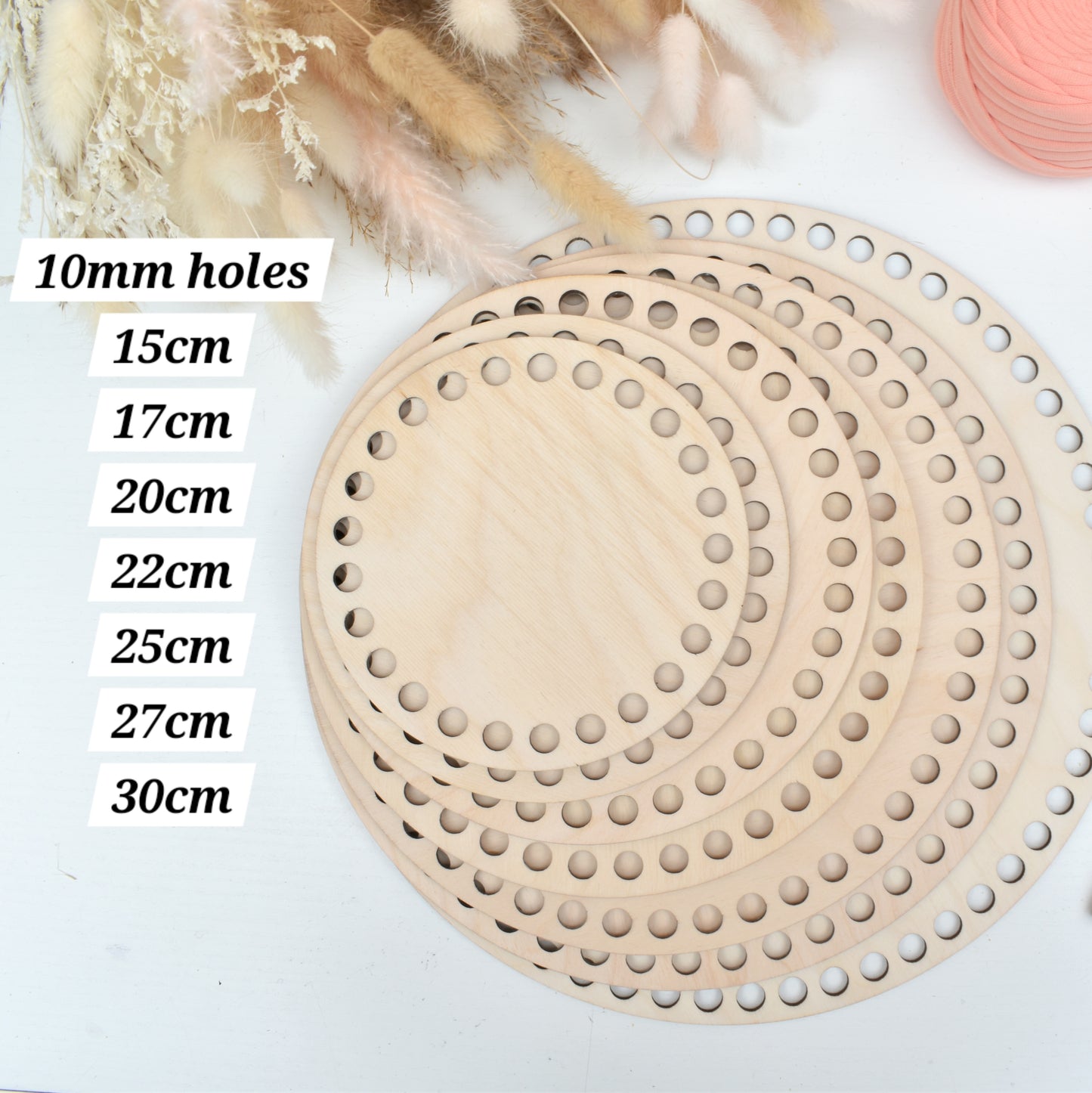 Circular wooden bases with 10mm holes