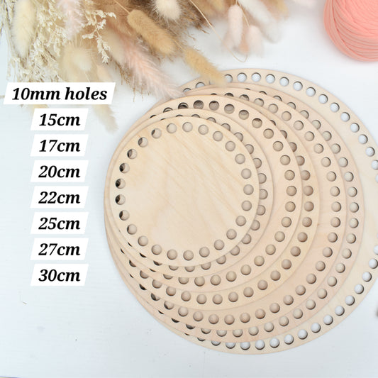 Circular wooden bases with 10mm holes for crochet, coiled or Macrame basket