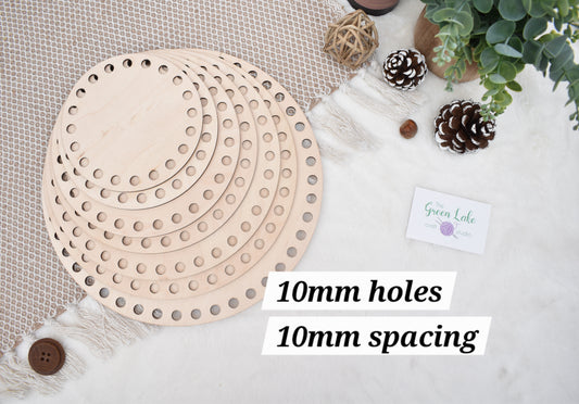 Circular wooden bases with 10mm hole size and 10mm spacing for crochet, coiled or Macrame basket