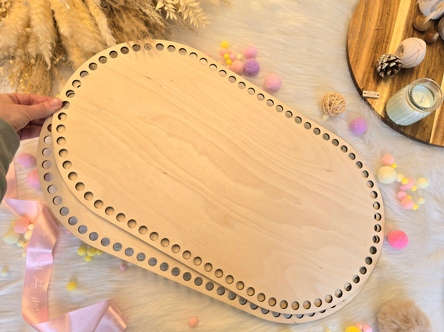 Large 55x30cm oval wooden base with 12mm holes for crochet, macrame or coiled baskets: Suitable for 9mm cord