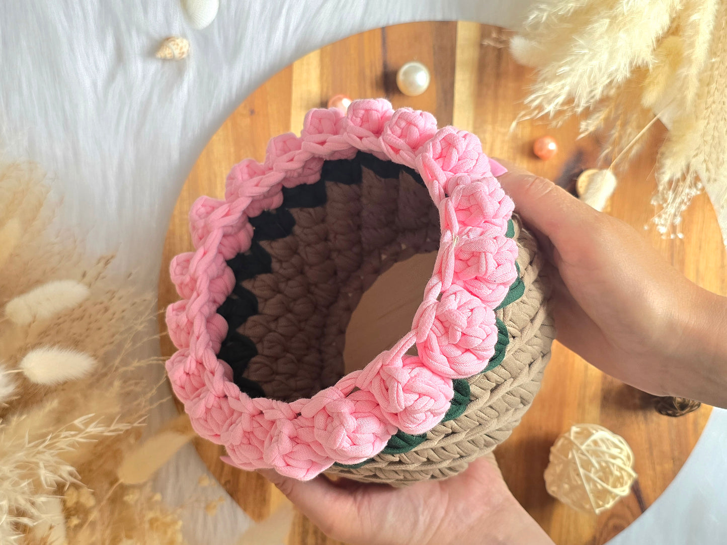 Handmade crochet Rose basket: Makeup brush, hair accessories holder
