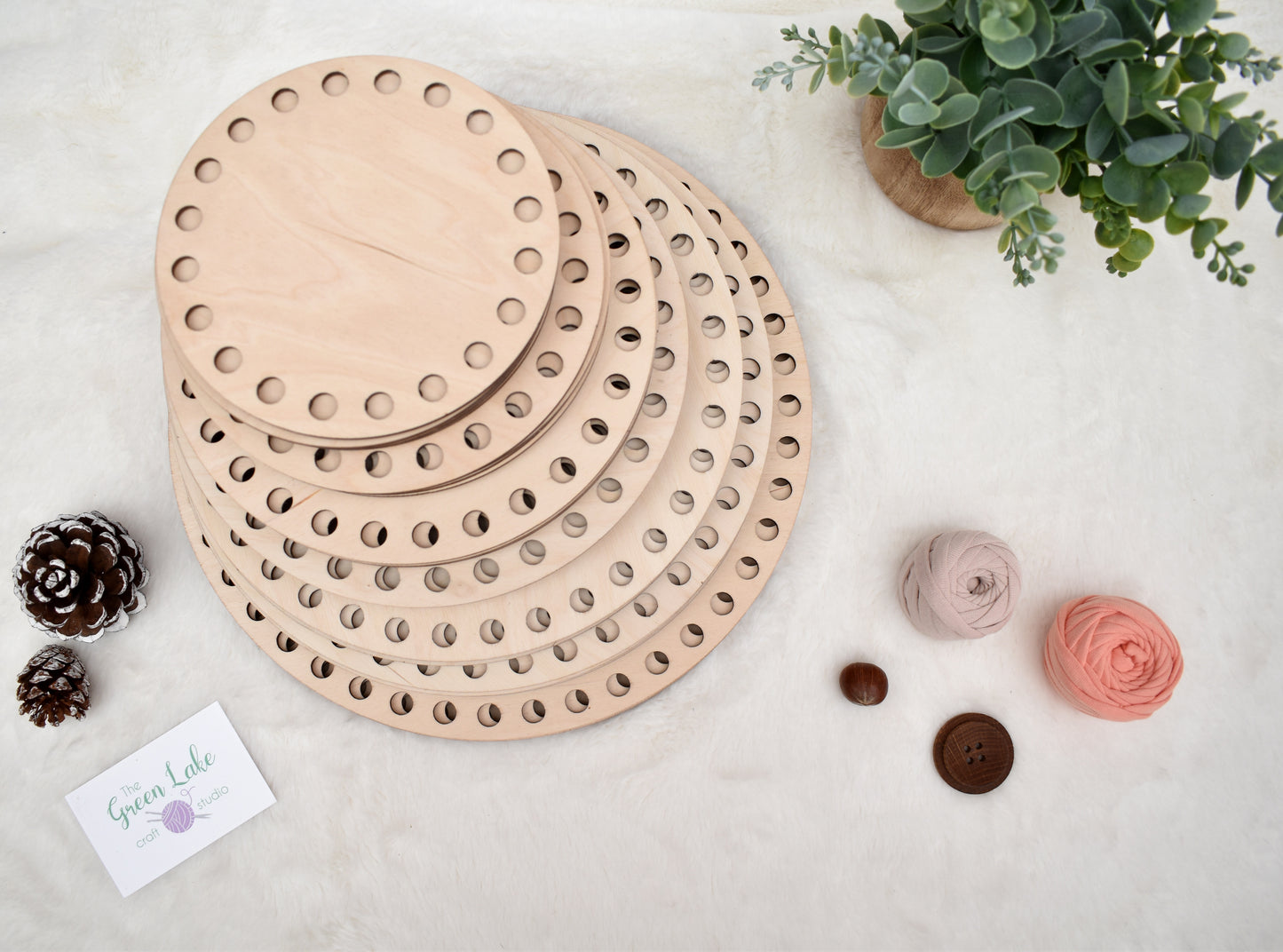 Circular wooden bases with 10mm hole size and 10mm spacing for crochet, coiled or Macrame basket