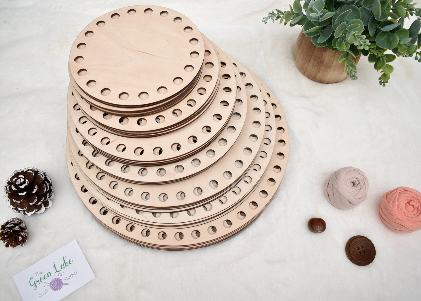 Circular wooden bases with 10mm hole size and 10mm spacing for crochet, coiled or Macrame basket