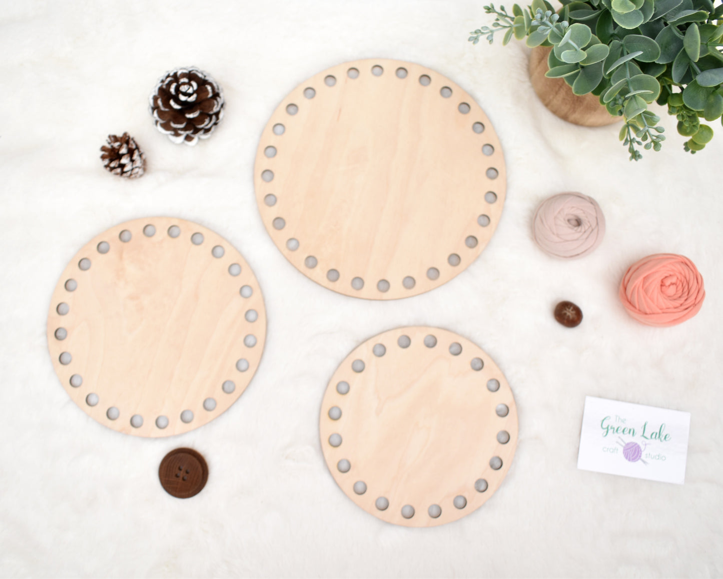 Circular wooden bases with 10mm hole size and 10mm spacing for crochet, coiled or Macrame basket