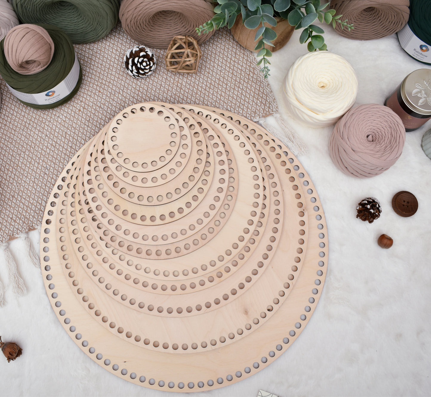 Circular wooden base different sizes with 8mm holes for crochet or Macrame baskets
