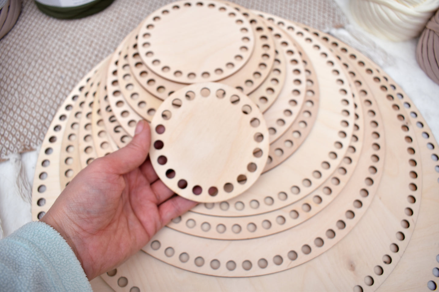 Circular wooden base different sizes with 8mm holes for crochet or Macrame baskets