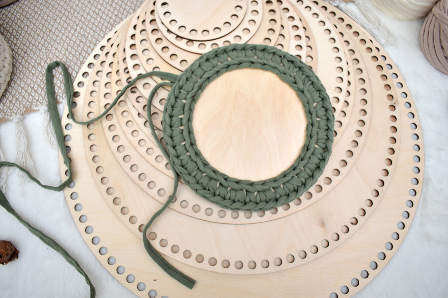 Circular wooden base different sizes with 8mm holes for crochet or Macrame baskets