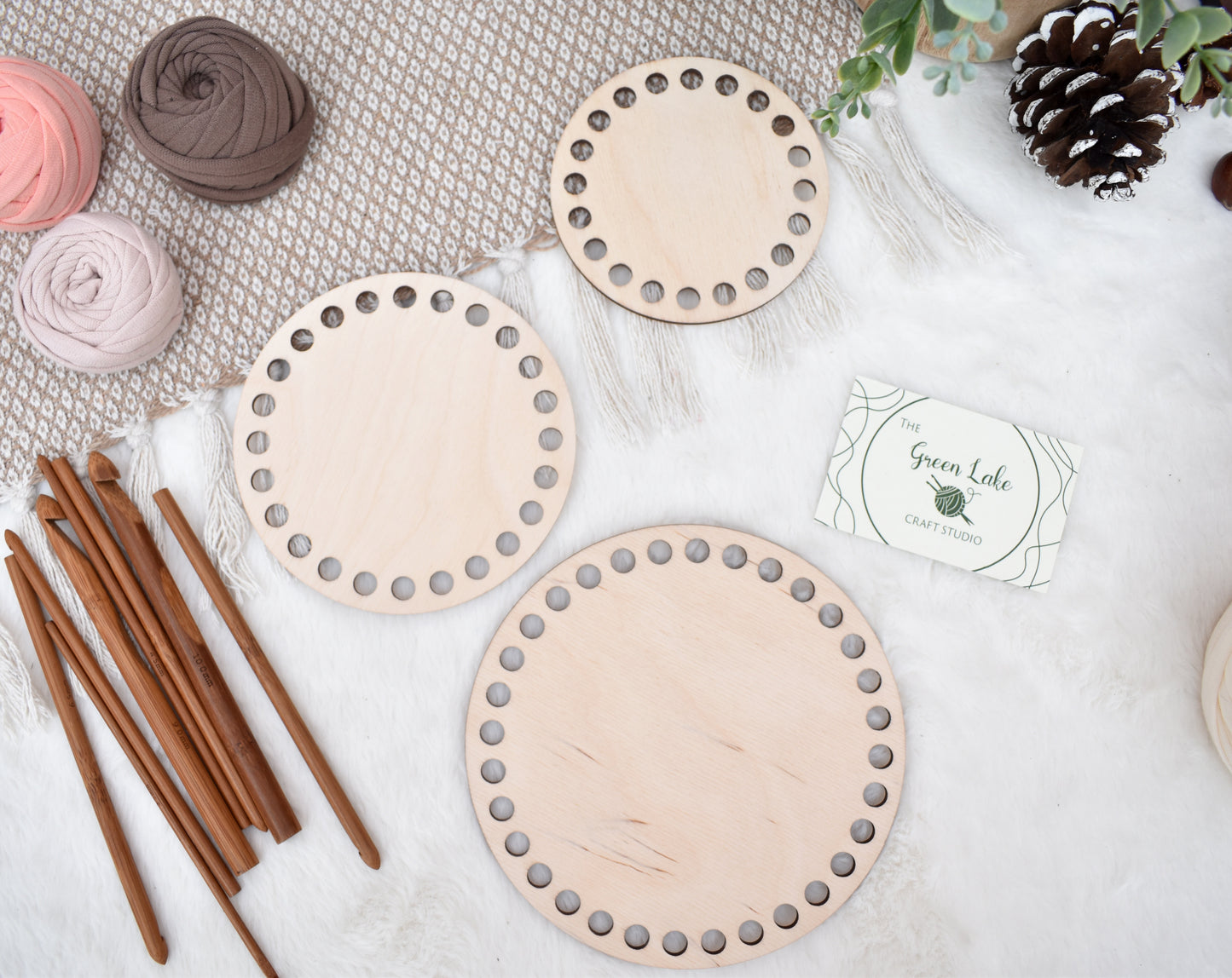 Circular wooden base different sizes with 8mm holes for crochet or Macrame baskets