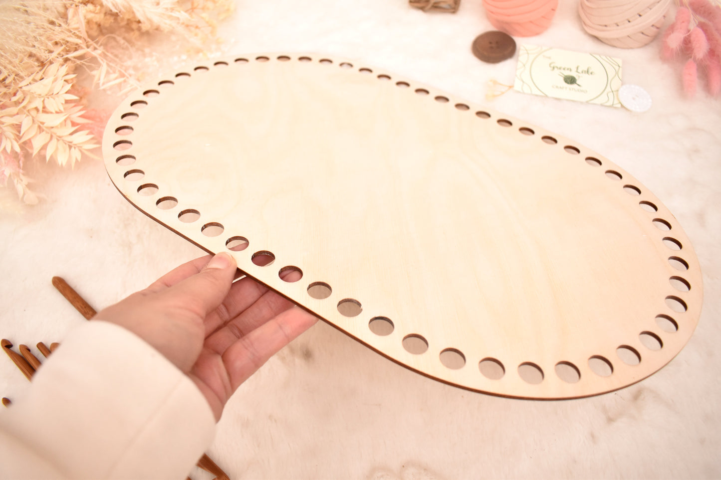 Large 40x25cm oval wooden base with 12mm holes for crochet, coiled or Macrame basket