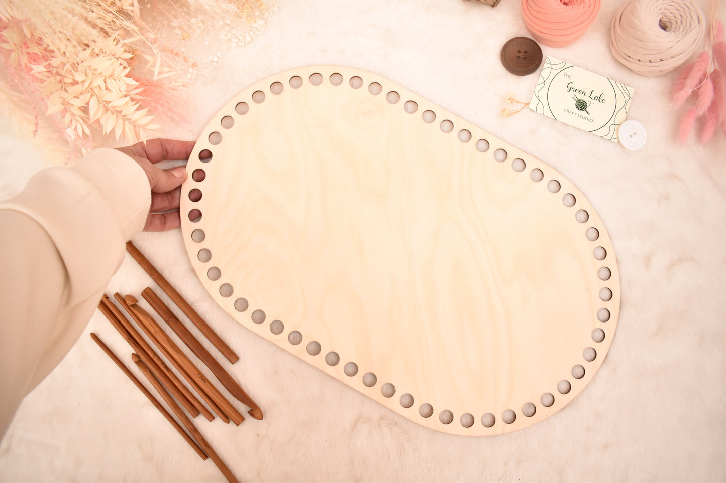 Large 40x25cm oval wooden base with 12mm holes for crochet, coiled or Macrame basket