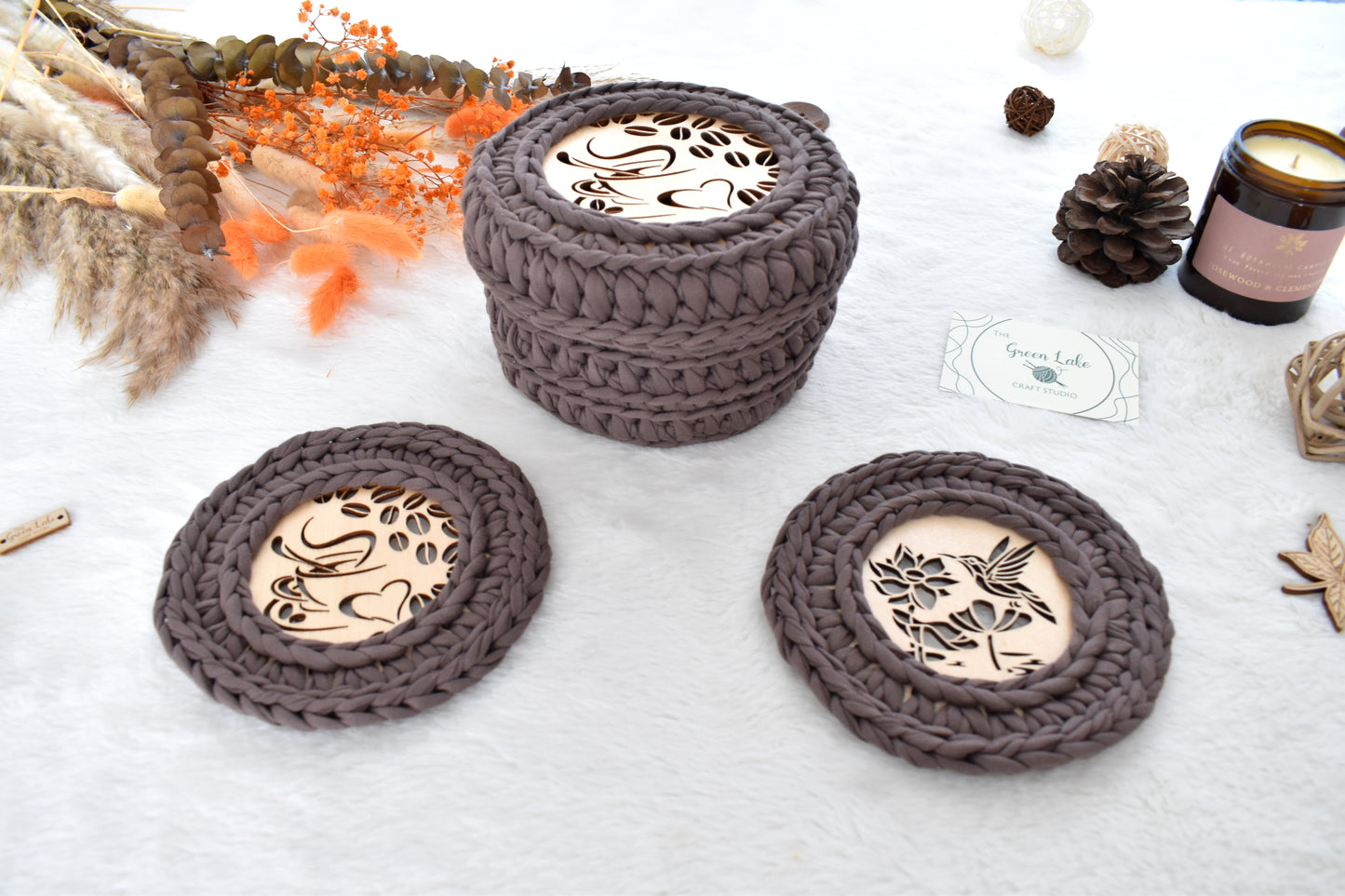 Crochet Basket & 2 Coasters Set Love Coffee