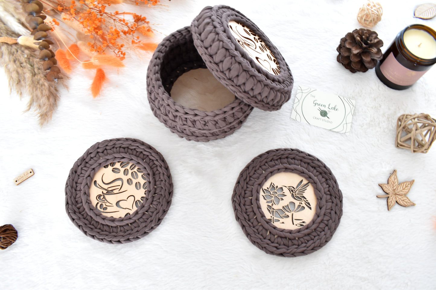 Crochet Basket & 2 Coasters Set Love Coffee