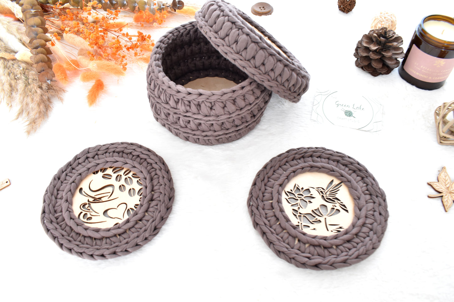 Crochet Basket & 2 Coasters Set Love Coffee
