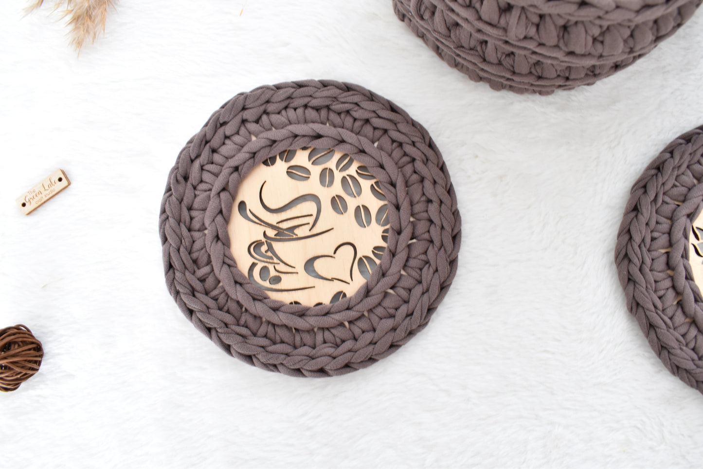 Crochet Basket & 2 Coasters Set Love Coffee