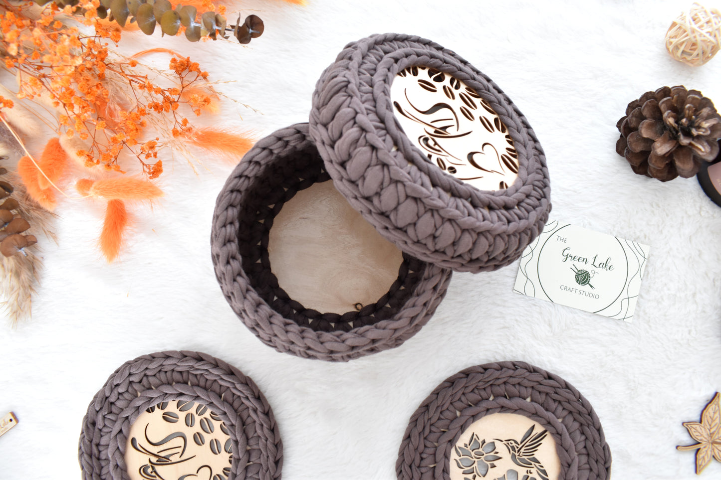 Crochet Basket & 2 Coasters Set Love Coffee