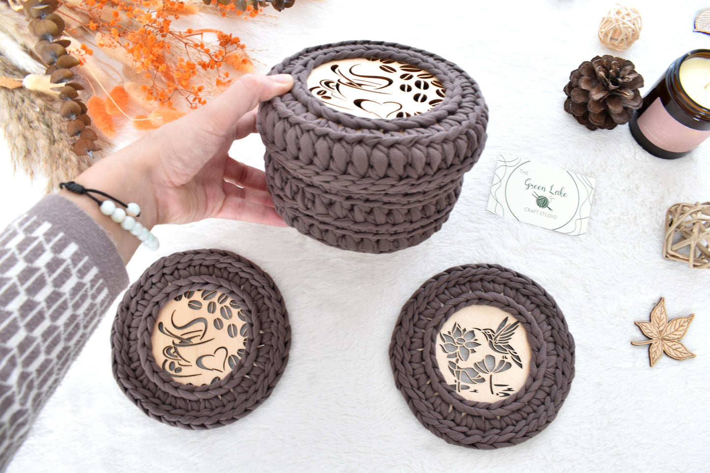 Crochet Basket & 2 Coasters Set Love Coffee