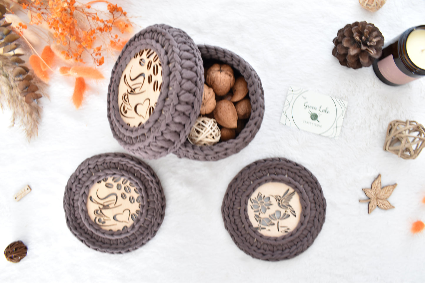 Crochet Basket & 2 Coasters Set Love Coffee