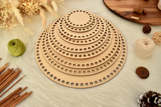 Circular wooden base: Various sizes with 8mm holes for making baskets Suitable for Tshirt yarn or 5mm cord