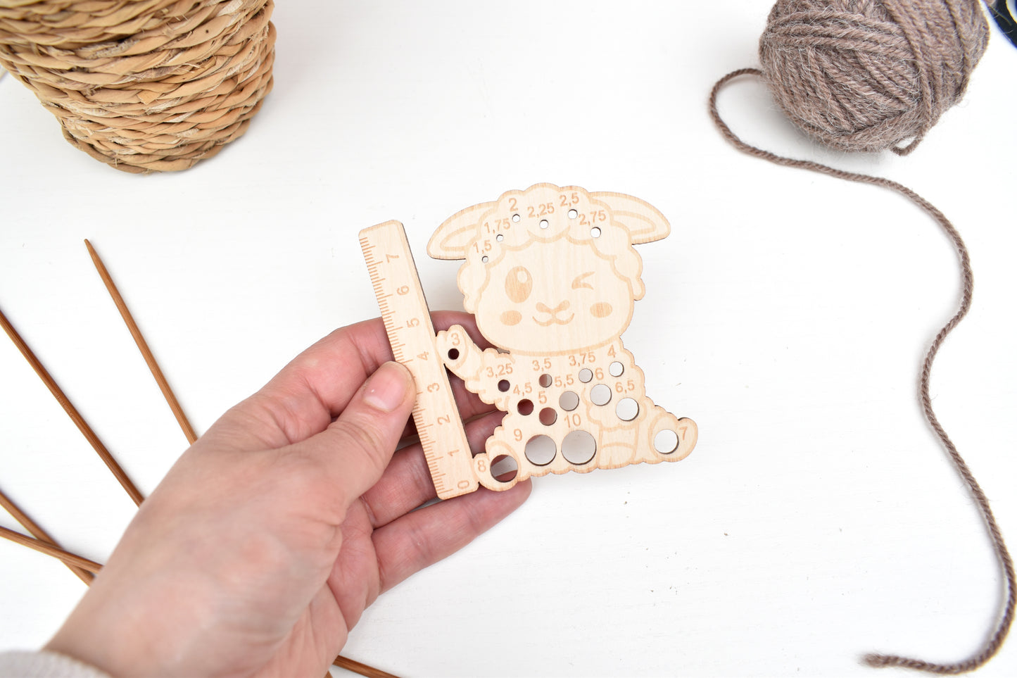 Sheep knitting needle gauge with small ruler