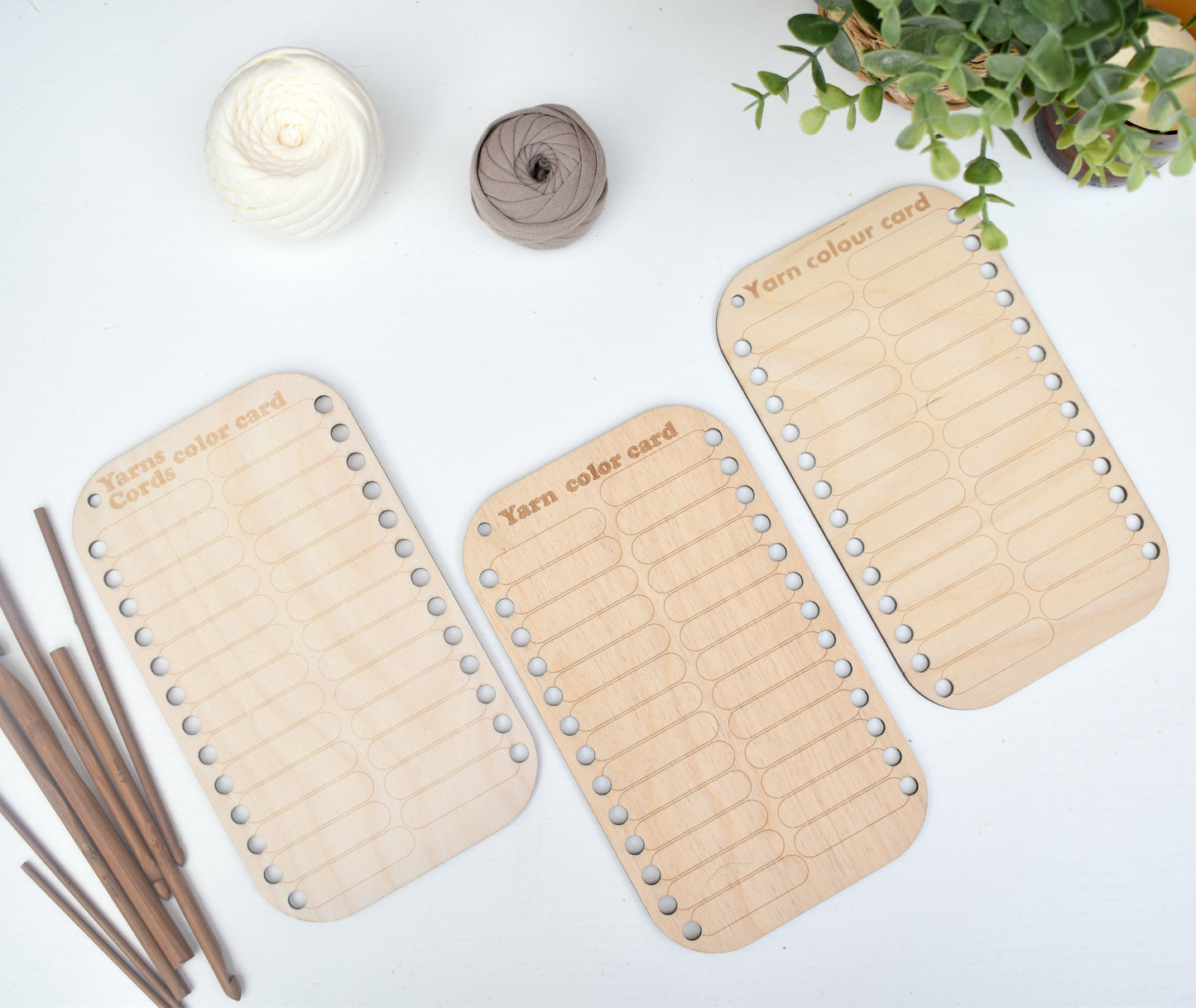 Reusable wooden yarn colour card with 4 options