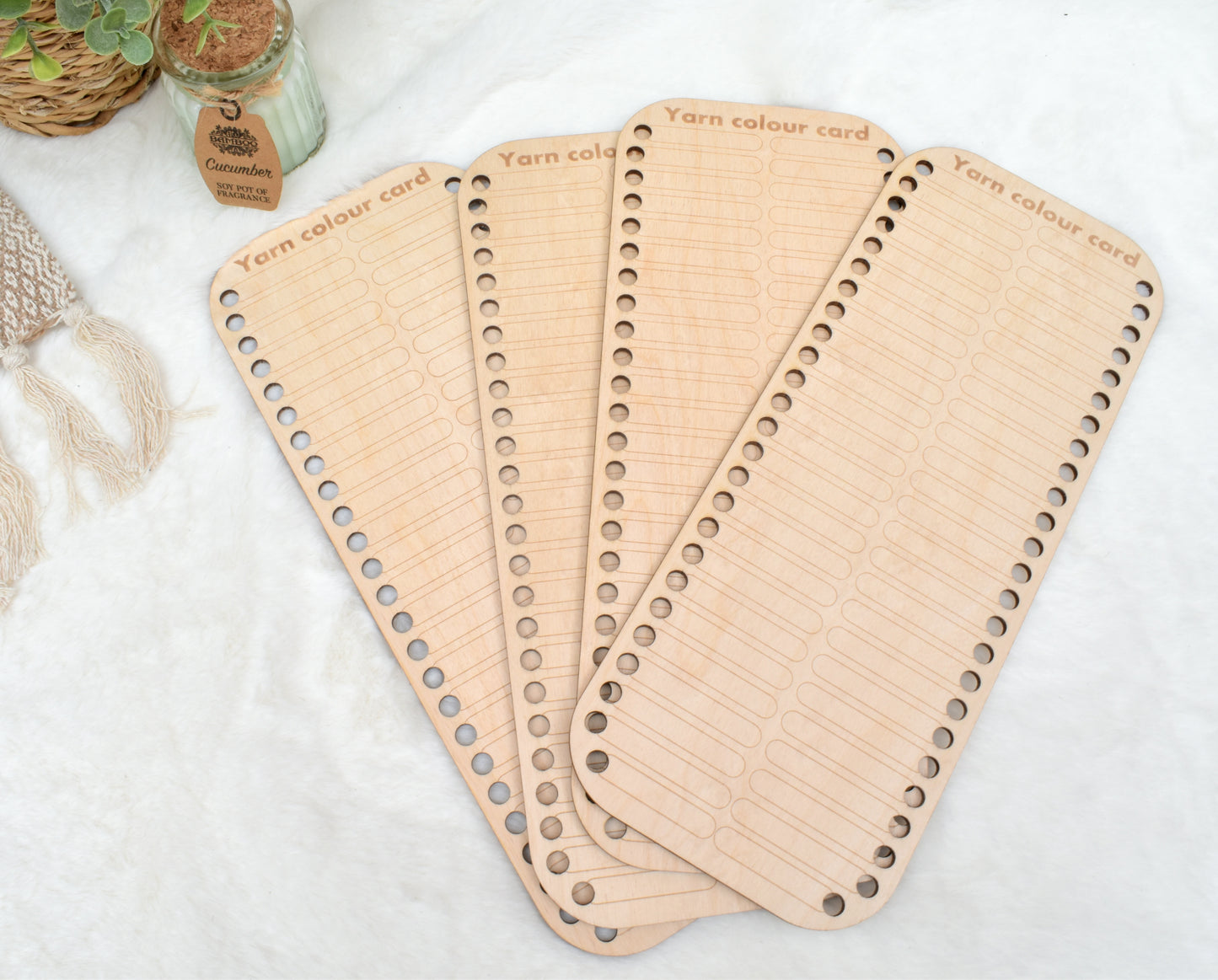 Reusable wooden yarn colour card with 4 options