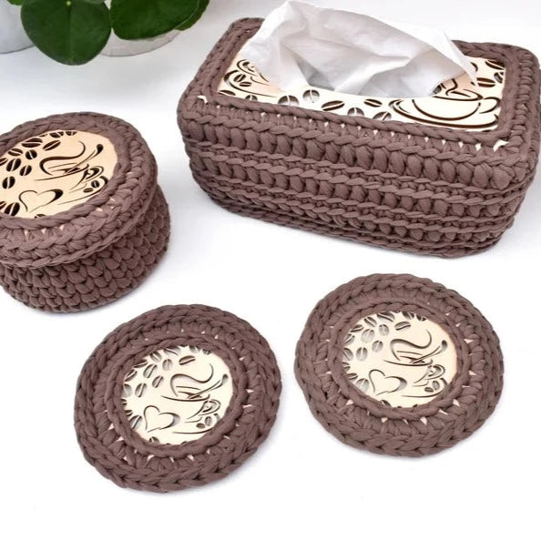 Crochet basket & Tissue box set Love Coffee Design