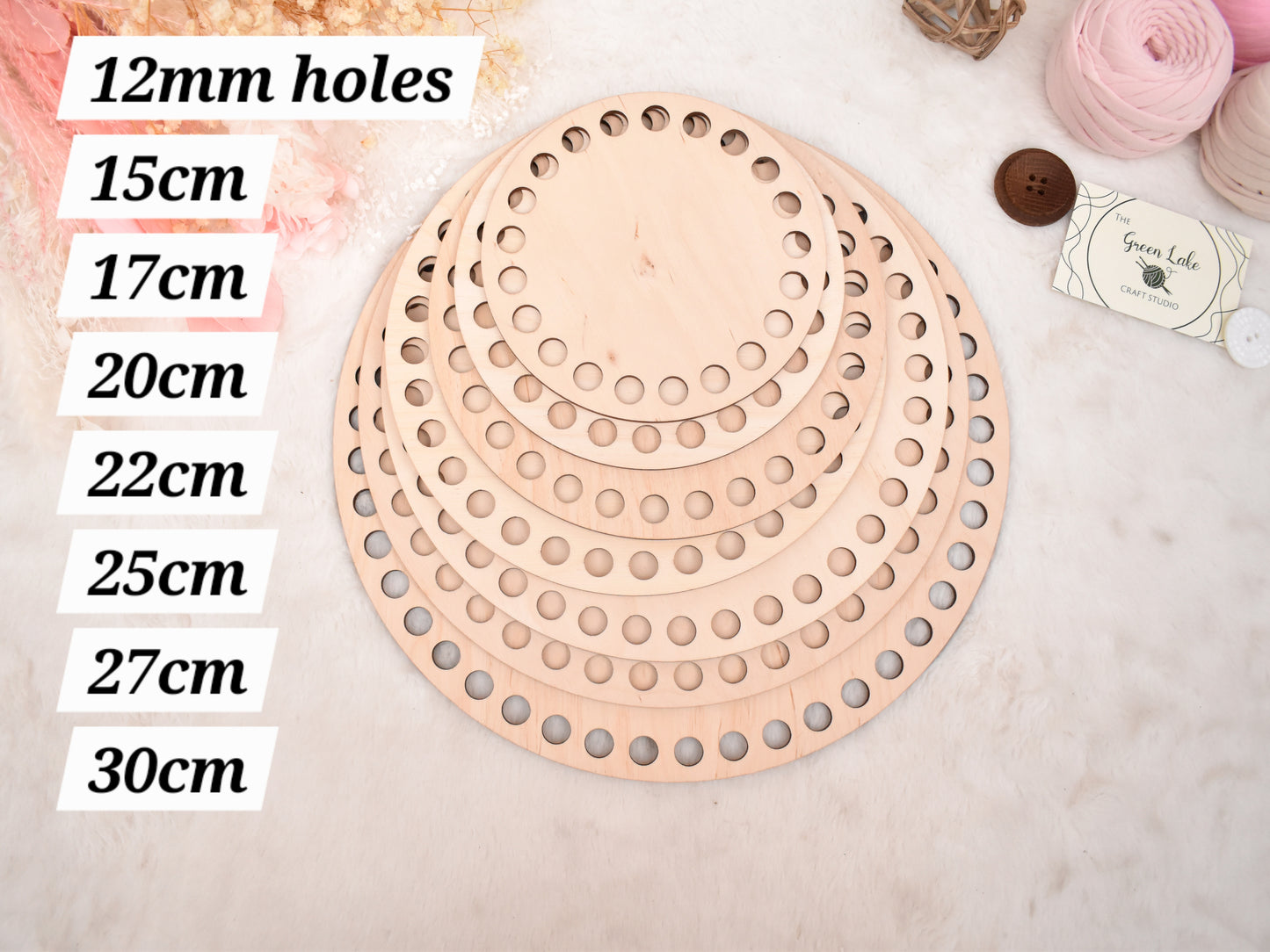 Circular wooden bases with 12mm holes for crochet, coiled or Macrame basket