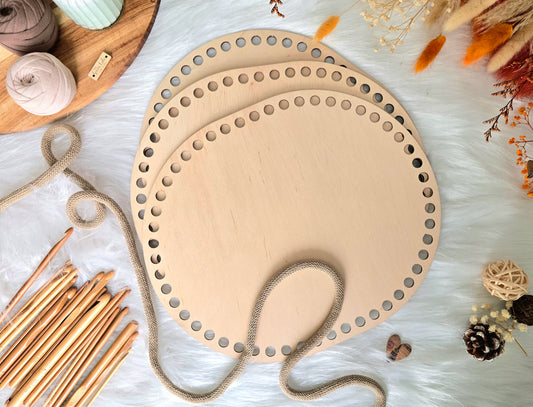 Oval Wooden Base: 30x25cm with 10mm holes for Crochet, Macrame or Coiled baskets Suitable for 9mm cord and 9-11mm Tshirt yarn