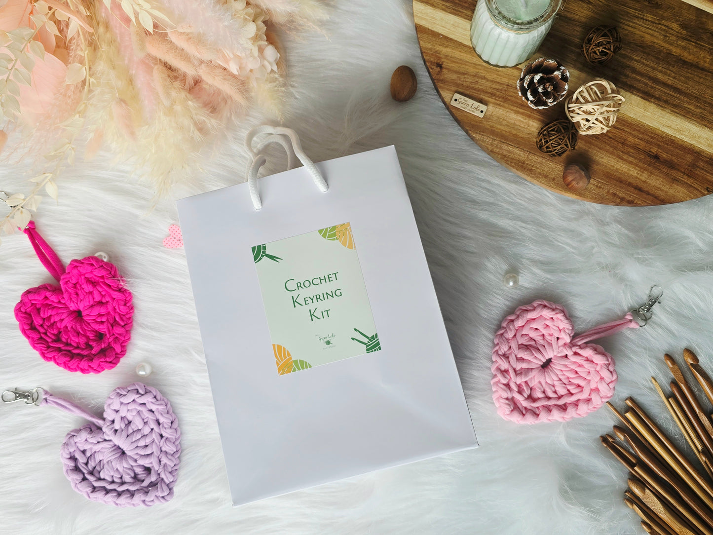 Heart keyring/bagcharm crochet DIY Kit - make 2