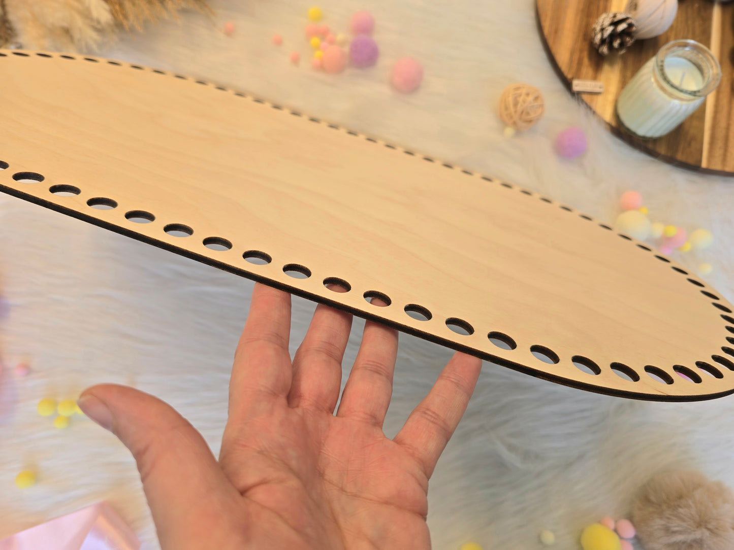 Large 55x30cm oval wooden base with 12mm holes for crochet, macrame or coiled baskets: Suitable for 9mm cord