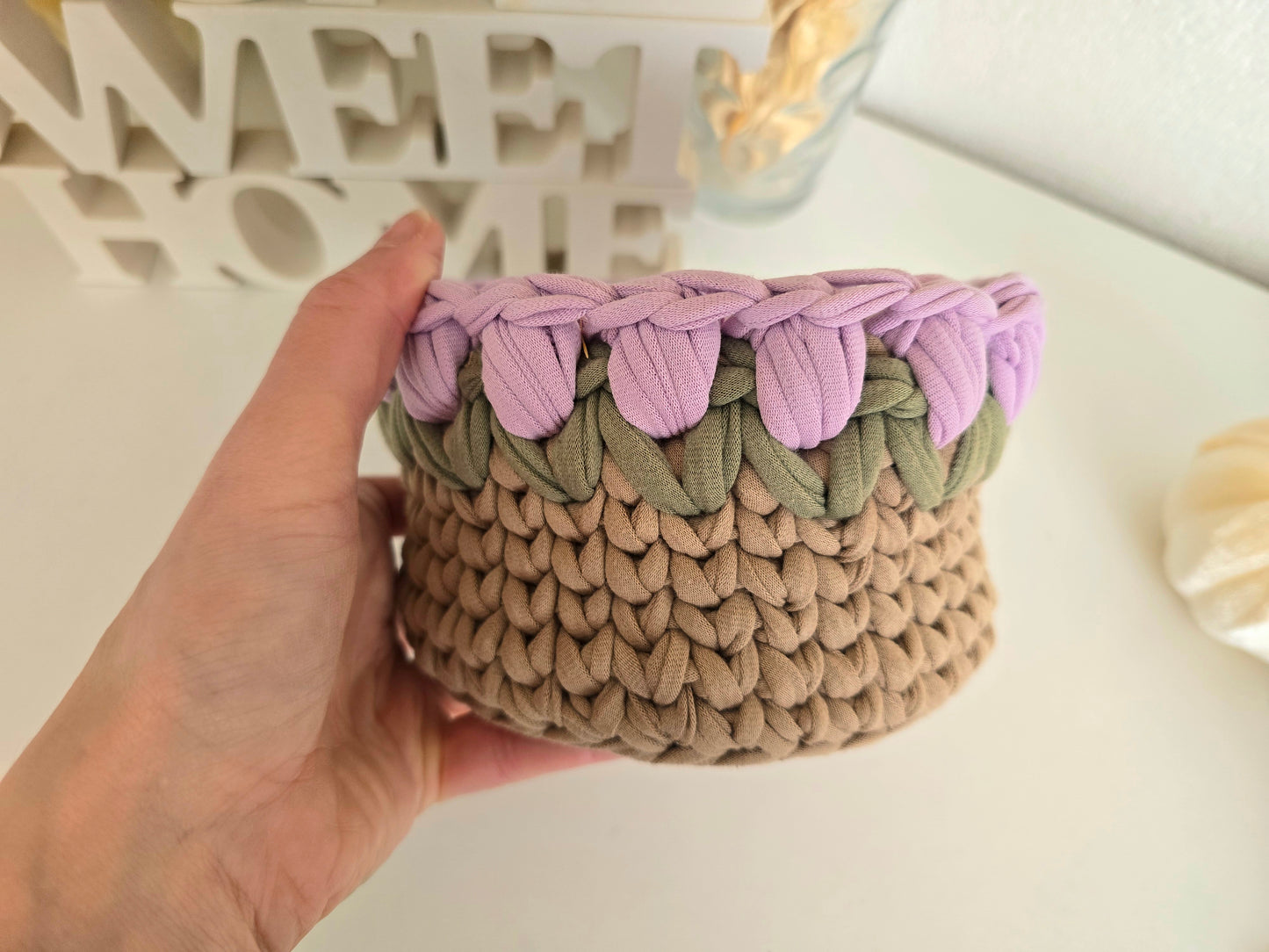 Handmade crochet Tulip basket: Makeup brush, hair accessories holder