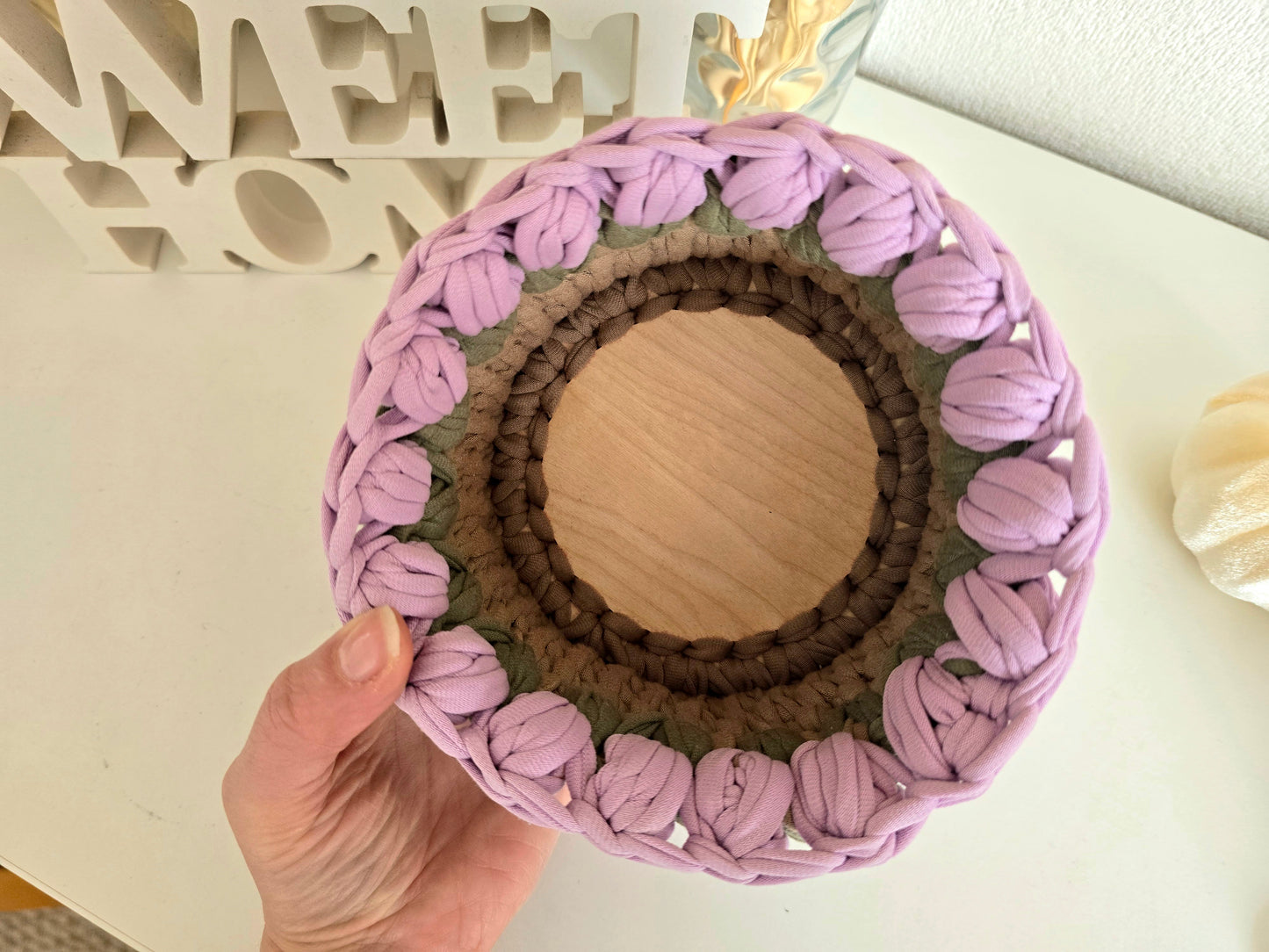 Handmade crochet Tulip basket: Makeup brush, hair accessories holder