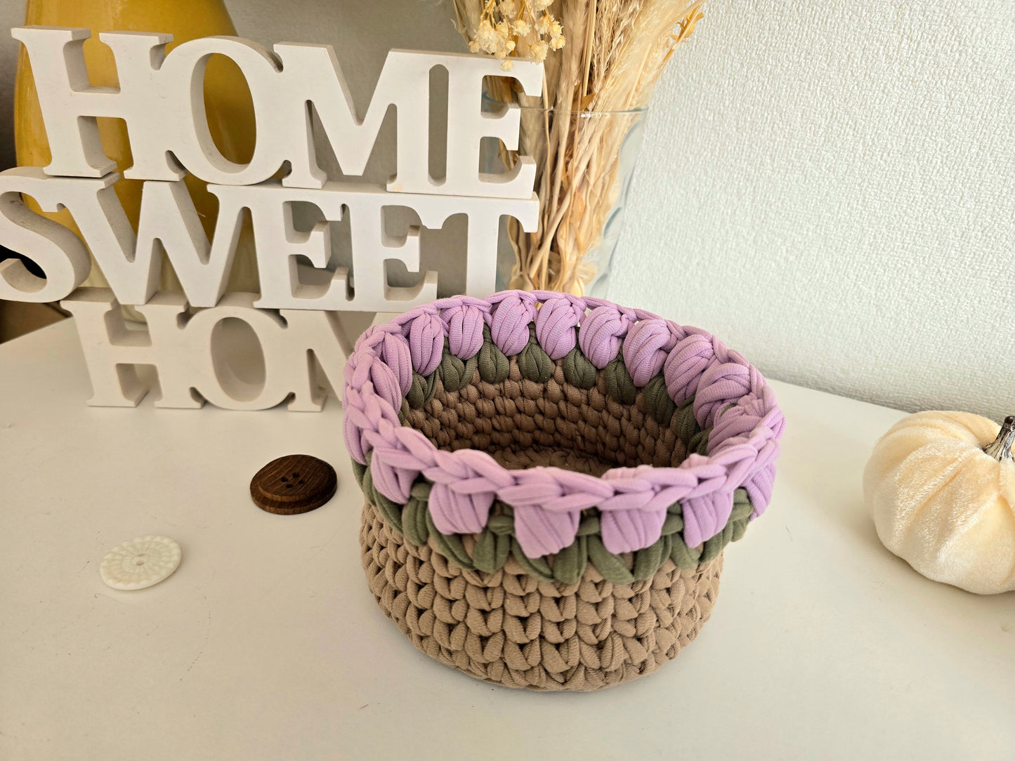 Handmade crochet Tulip basket: Makeup brush, hair accessories holder