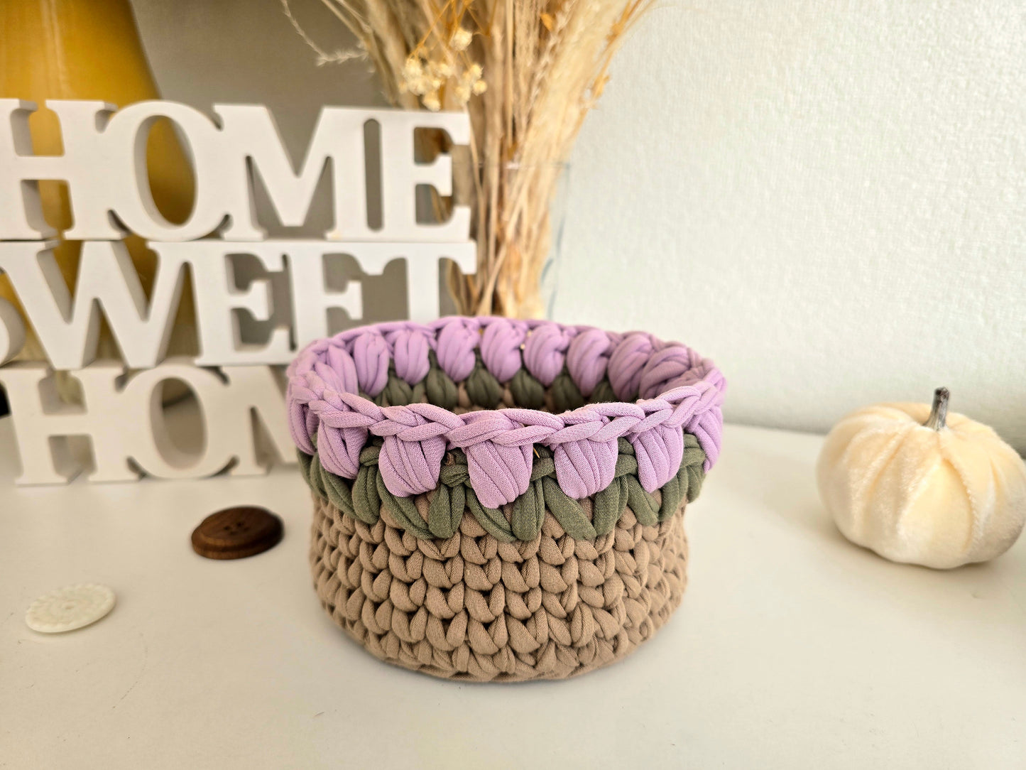 Handmade crochet Tulip basket: Makeup brush, hair accessories holder