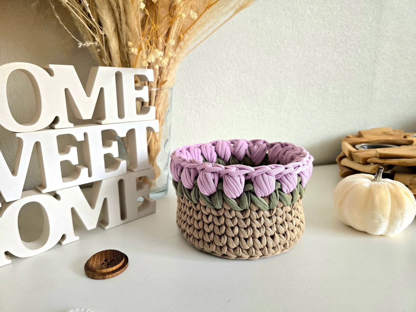Handmade crochet Tulip basket: Makeup brush, hair accessories holder
