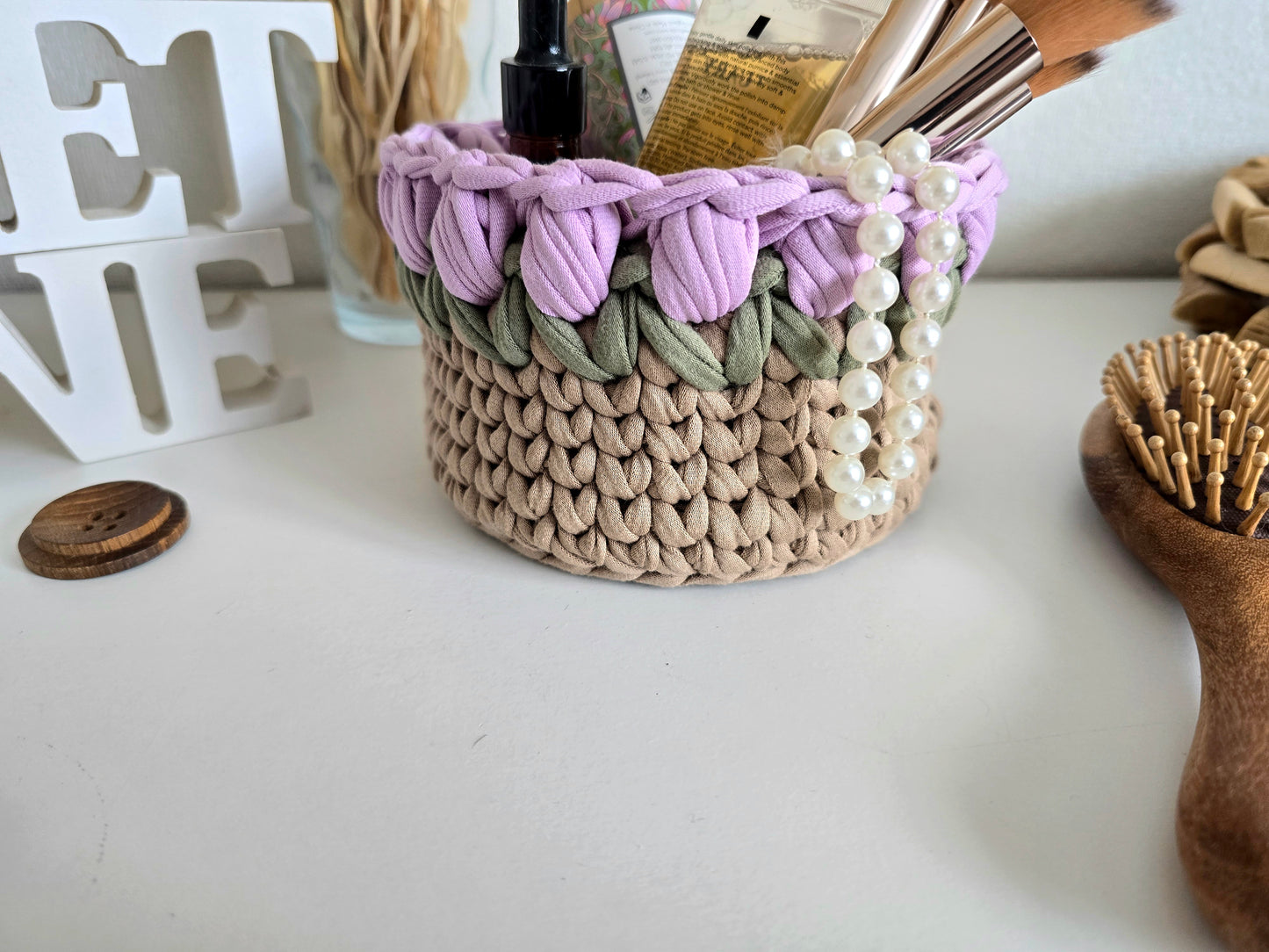 Handmade crochet Tulip basket: Makeup brush, hair accessories holder