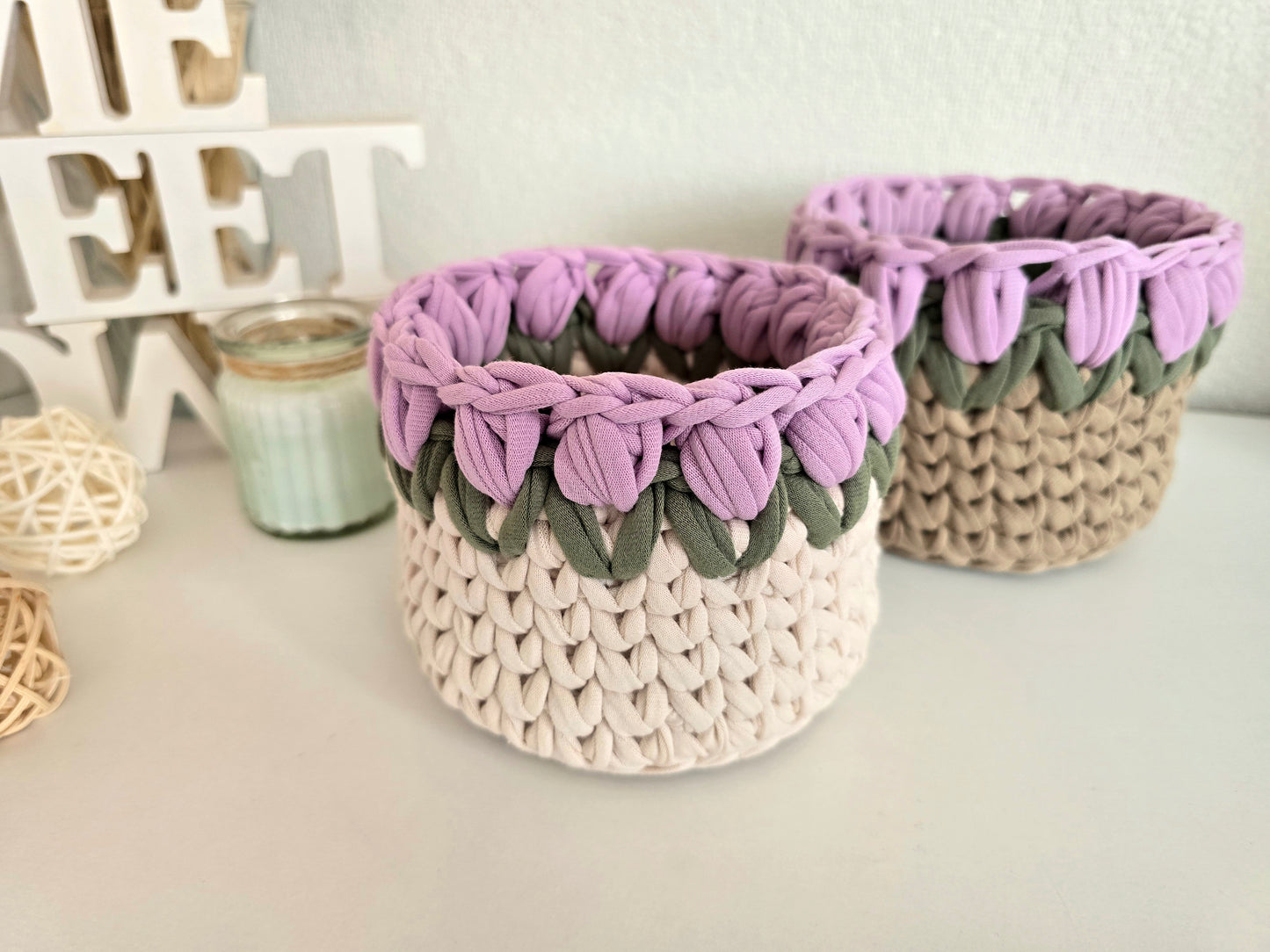 Handmade crochet Tulip basket: Makeup brush, hair accessories holder