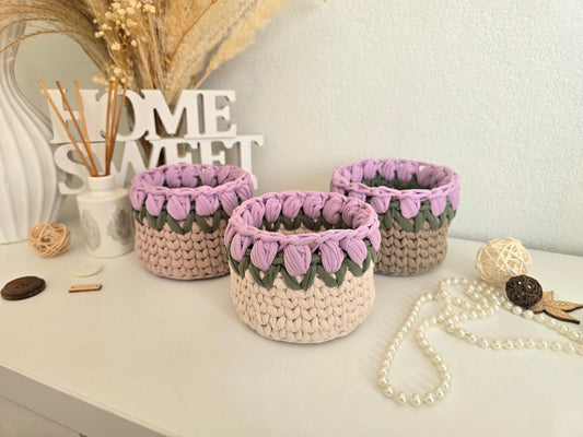 Handmade crochet Tulip basket: Makeup brush, hair accessories holder