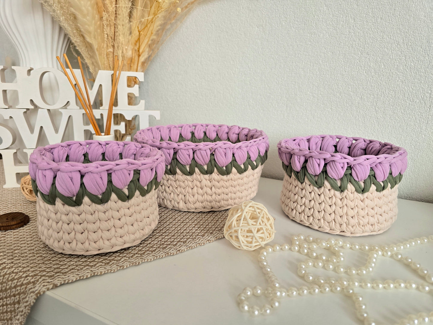 Handmade crochet Tulip basket: Makeup brush, hair accessories holder