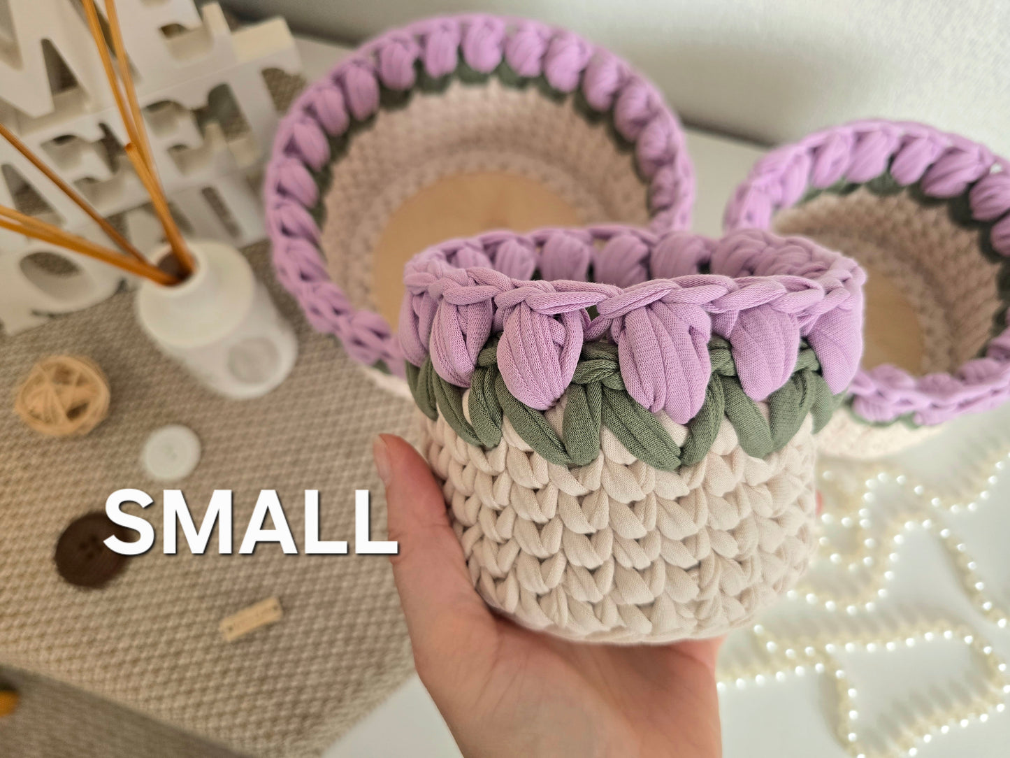 Handmade crochet Tulip basket: Makeup brush, hair accessories holder