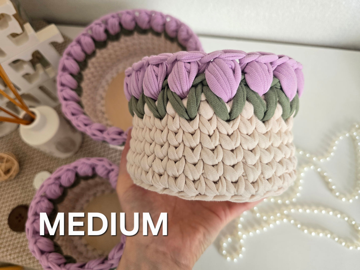 Handmade crochet Tulip basket: Makeup brush, hair accessories holder