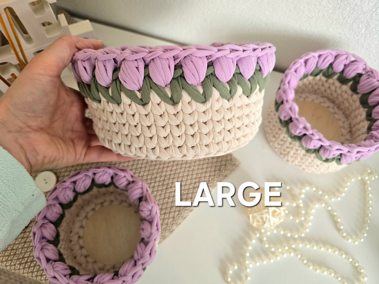 Handmade crochet Tulip basket: Makeup brush, hair accessories holder