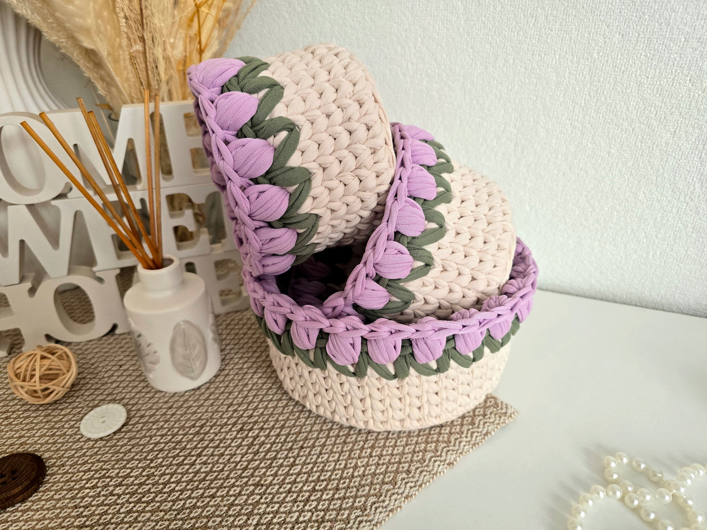 Handmade crochet Tulip basket: Makeup brush, hair accessories holder