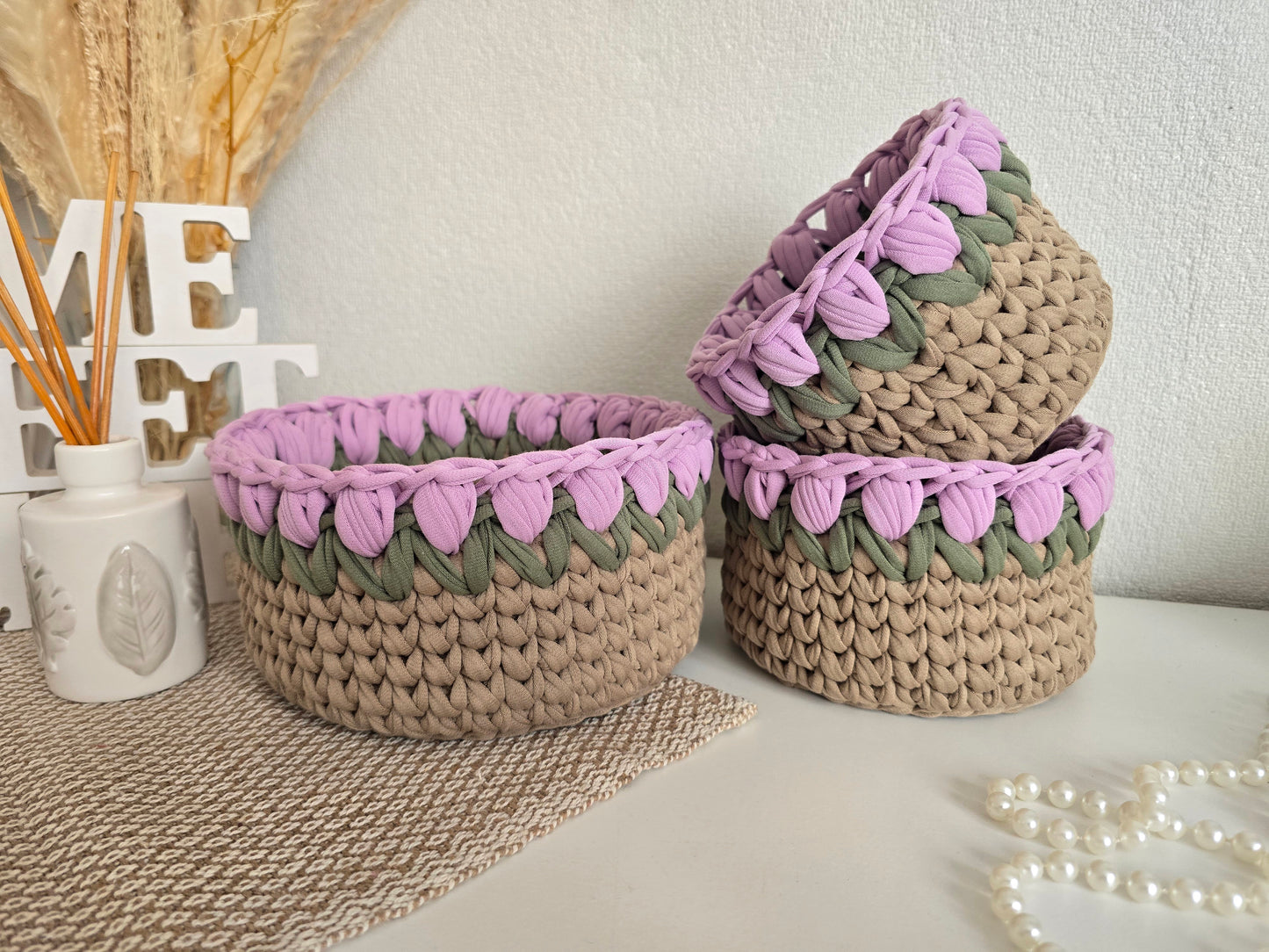 Handmade crochet Tulip basket: Makeup brush, hair accessories holder