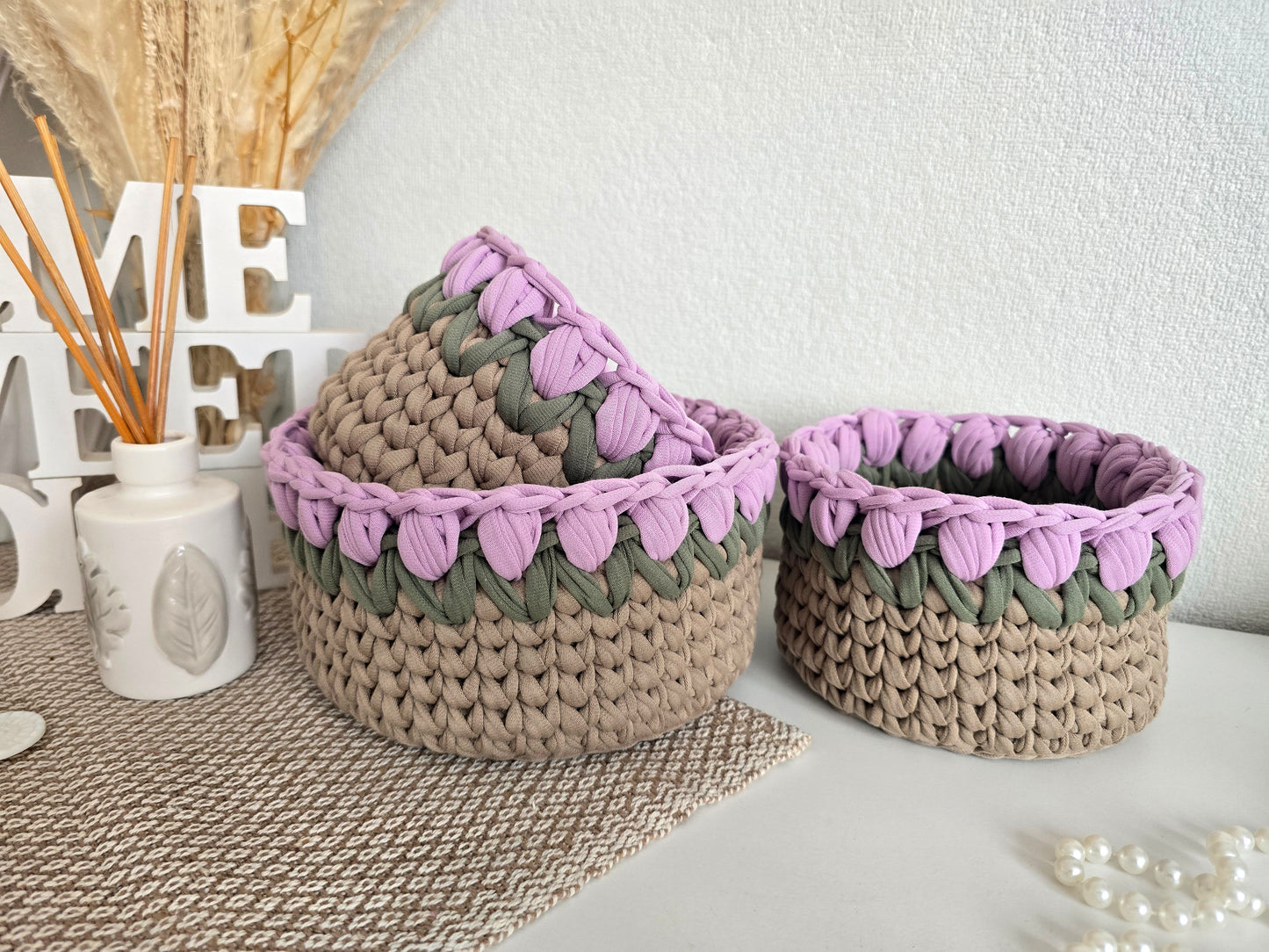 Handmade crochet Tulip basket: Makeup brush, hair accessories holder