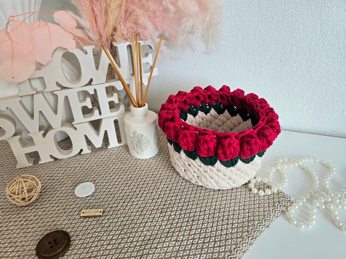 Handmade crochet Rose basket: Makeup brush, hair accessories holder