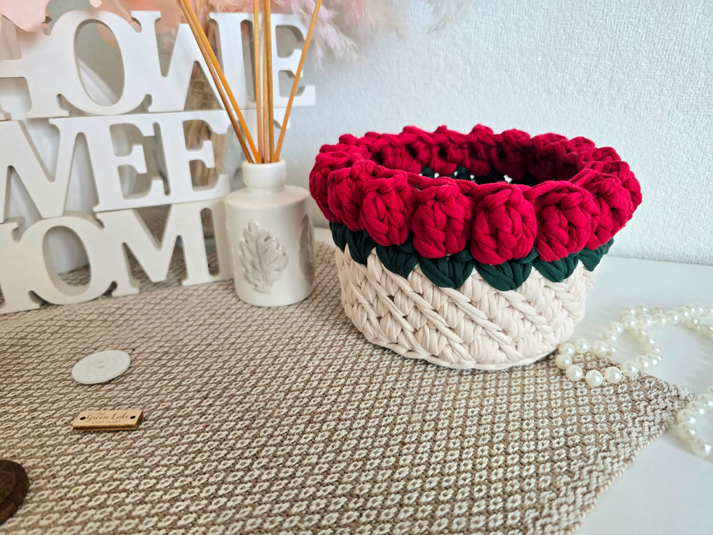 Handmade crochet Rose basket: Makeup brush, hair accessories holder