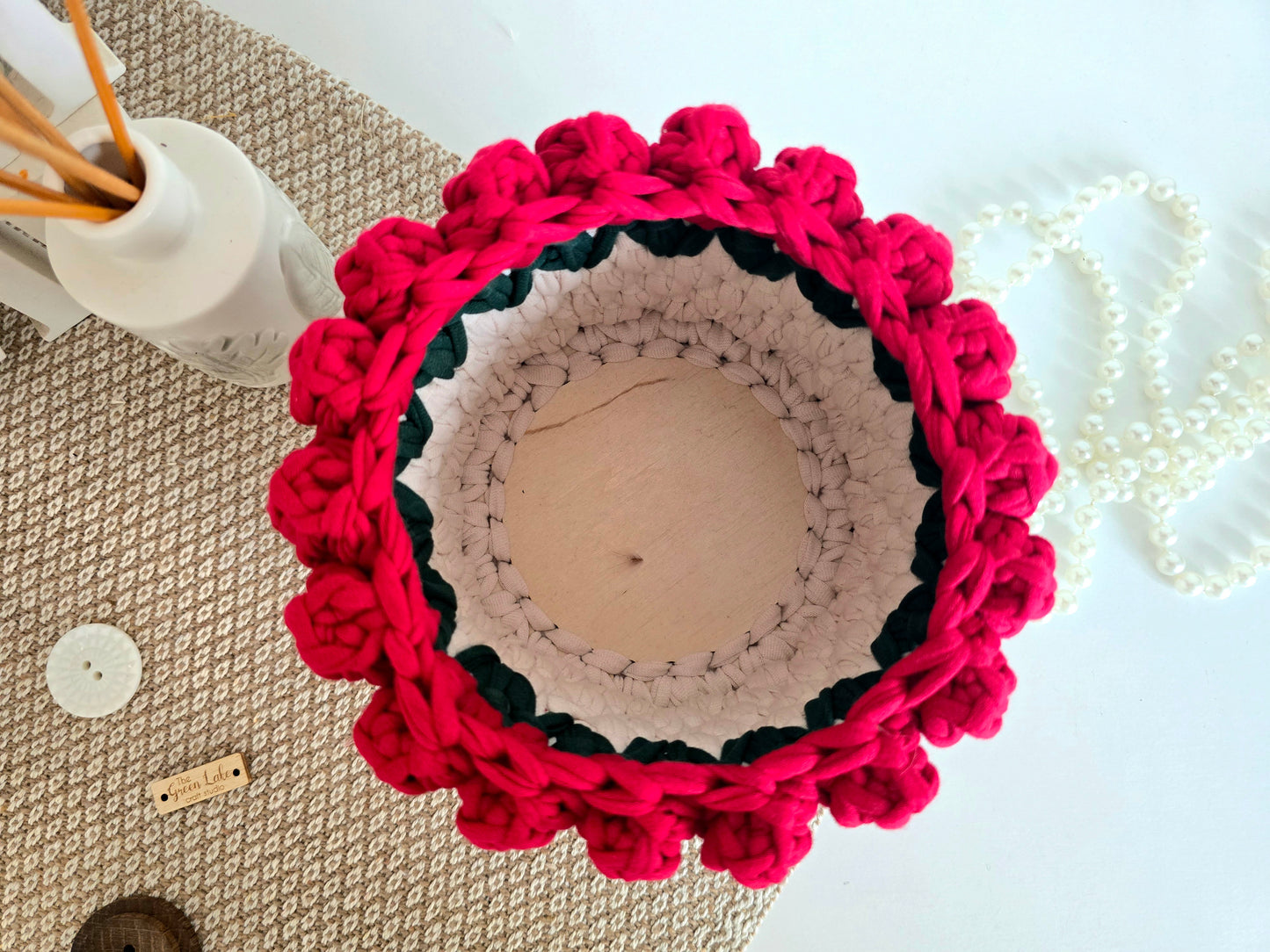Handmade crochet Rose basket: Makeup brush, hair accessories holder