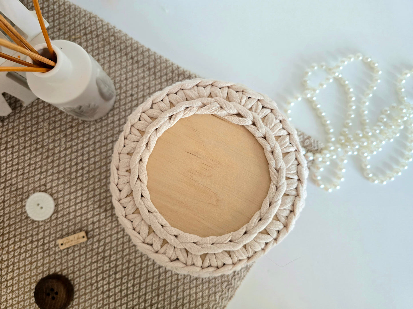 Handmade crochet Rose basket: Makeup brush, hair accessories holder