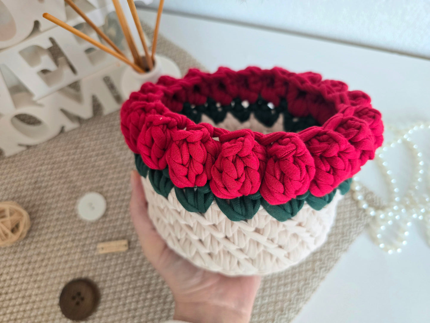 Handmade crochet Rose basket: Makeup brush, hair accessories holder